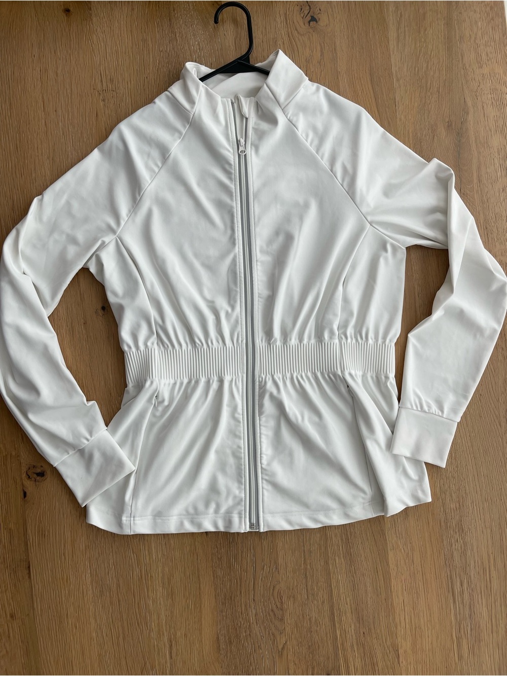 Women’s White Zip-Up Bomber Jacket‎ with Elastic Waist
